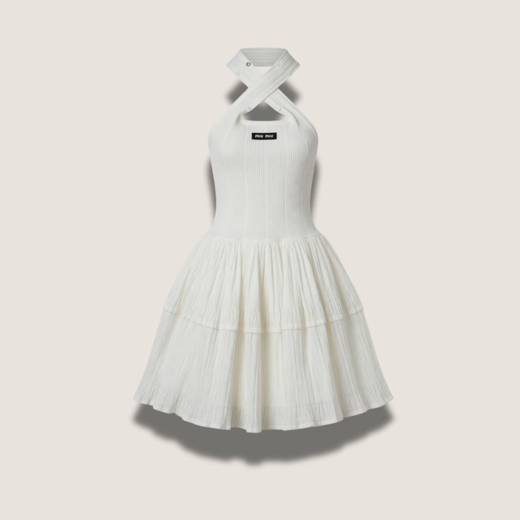 Robe halter en maille côtelée & crêpe plissé - Lila