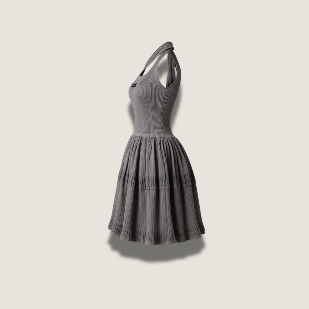 Robe halter en maille côtelée & crêpe plissé - Lila